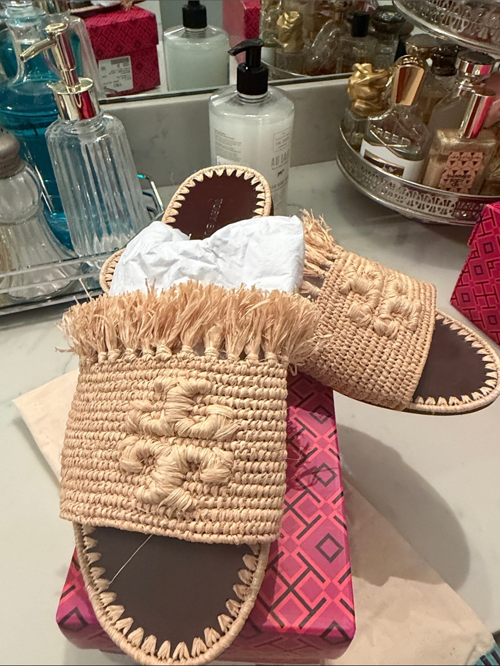 Tory Burch Natural Raffia Fringe Slide Sandals - Picture 2 of 3